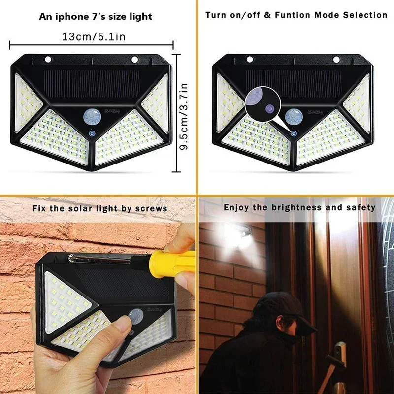 Fotografia 5: 100 led luzes de parede solares ao ar livre lâmpada solar à prova dwaterproof água sensor movimento alimentado luz solar lanterna rua para decoração jardim