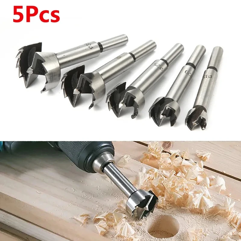 5Pcs Forstner Woodworking Tools Hole Saw Hinge Boring Drill Bit Set 15-20-25-30-35mm Round Shank High Carbon Steel Cutter