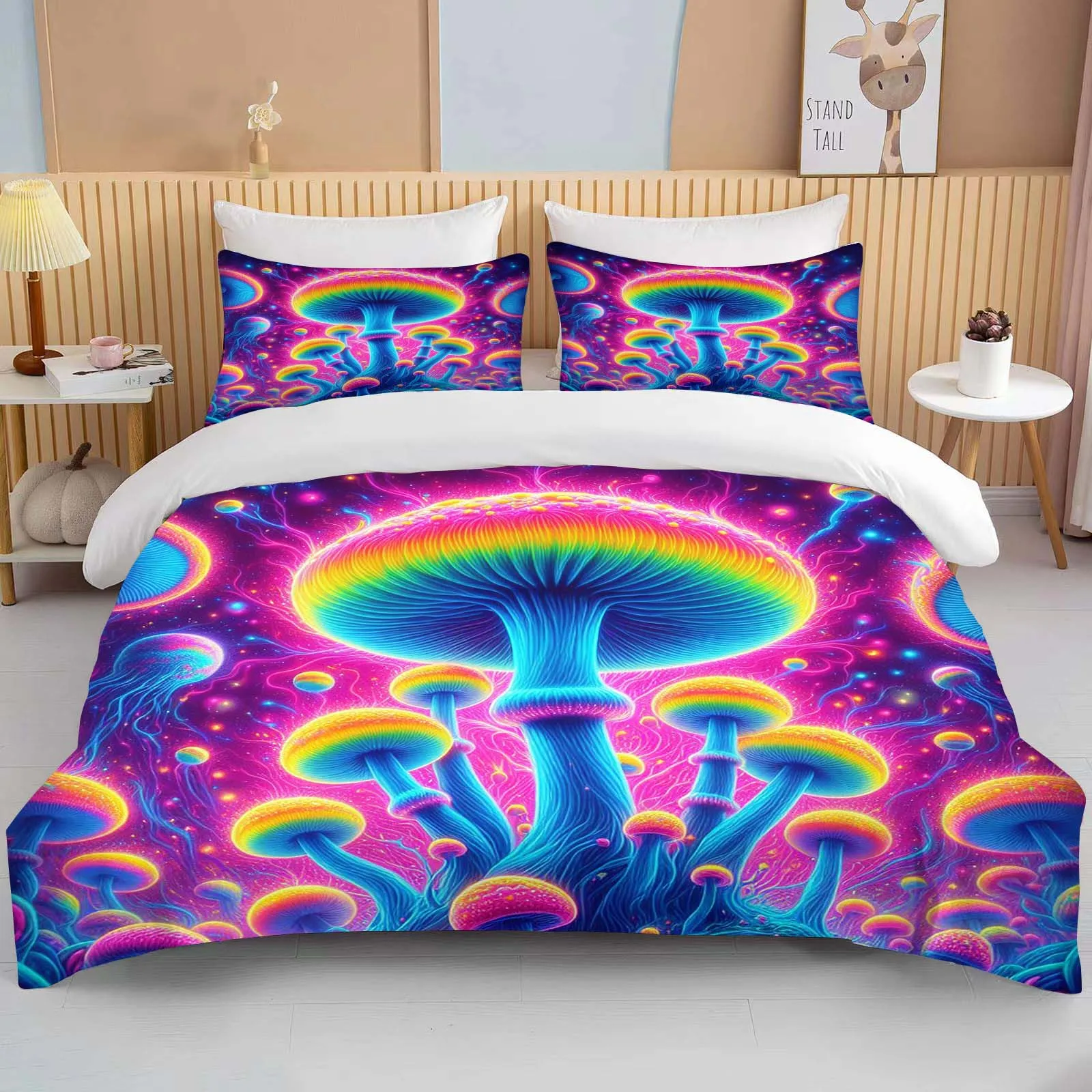 

Super Vibrant Neon Psychedelic Mushrooms Print Bedding Set 3PC 1 Duvet Cover 2 Pillowcases Adult and Children Bedding Set Luxury