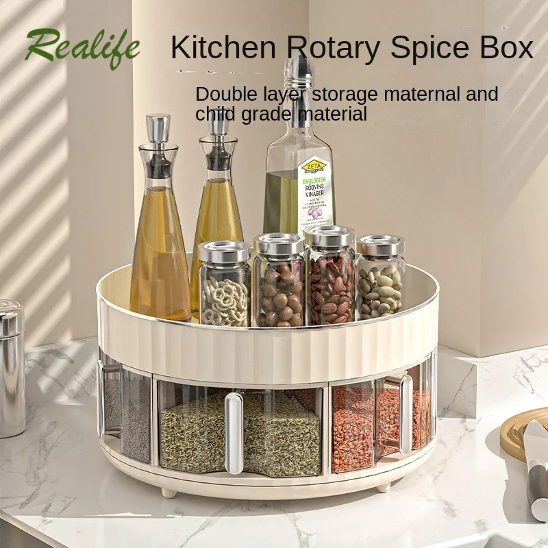 

Kitchen Seasoning Box Integrated Multi Grid Seasoning Storage Countertop Rotating Seasoning Oil Salt Sauce Vinegar Bottle Shelf