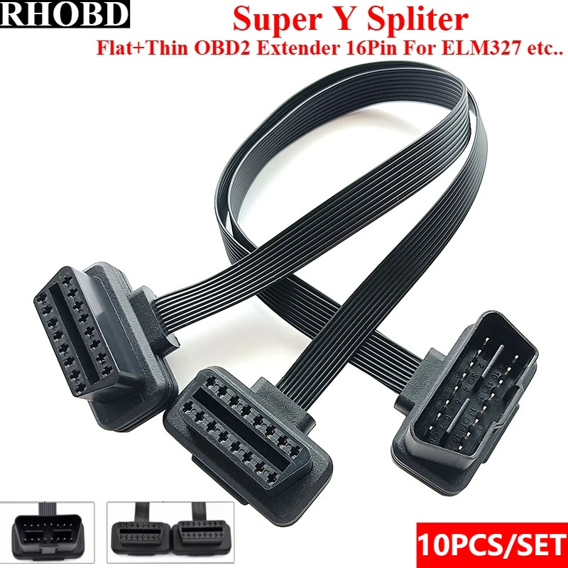 

10 шт./компл. плоский + тонкий 16-контактный OBD 2 удлинитель OBD2 16-контактный ELM327 «папа» на двойной «мама» Y-разветвитель угловой удлинитель кабеля инструмент