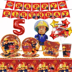 Fire Fighter Sam Disposable Tableware Plates Napkins Tablecloth Birthday Banner Fire Truck Balloon Fire Rescue Birthday Decor