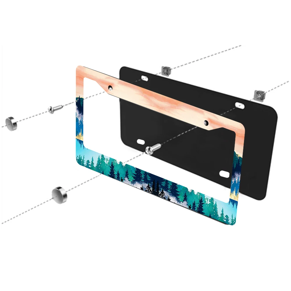 متعدد الألوان نمط الغابات 2 حفرة الألومنيوم إطار لوحة الرخصة 6x12 بوصة مع المسمار مجموعة الرجعية الجدة سيارة الديكور هدية #4