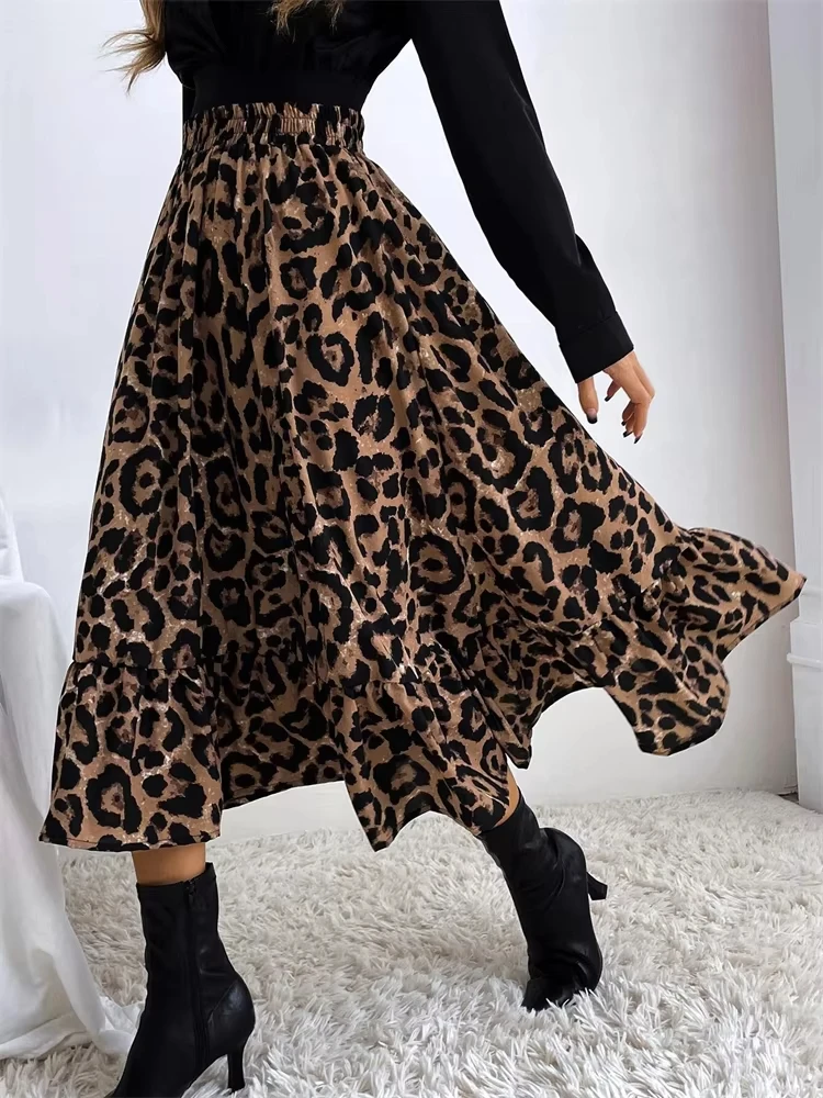 High Waist Leopard Midi Skirt For Women Casual Boho Printed Long Tulle Skirt Ladies 2022 Autumn New Chiffon A-line Skirt