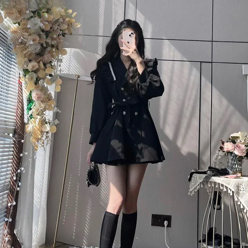 Elegant Black Socialite Style Medium-length Trench Coat Ruffle Edge for Spring 2024 women coat