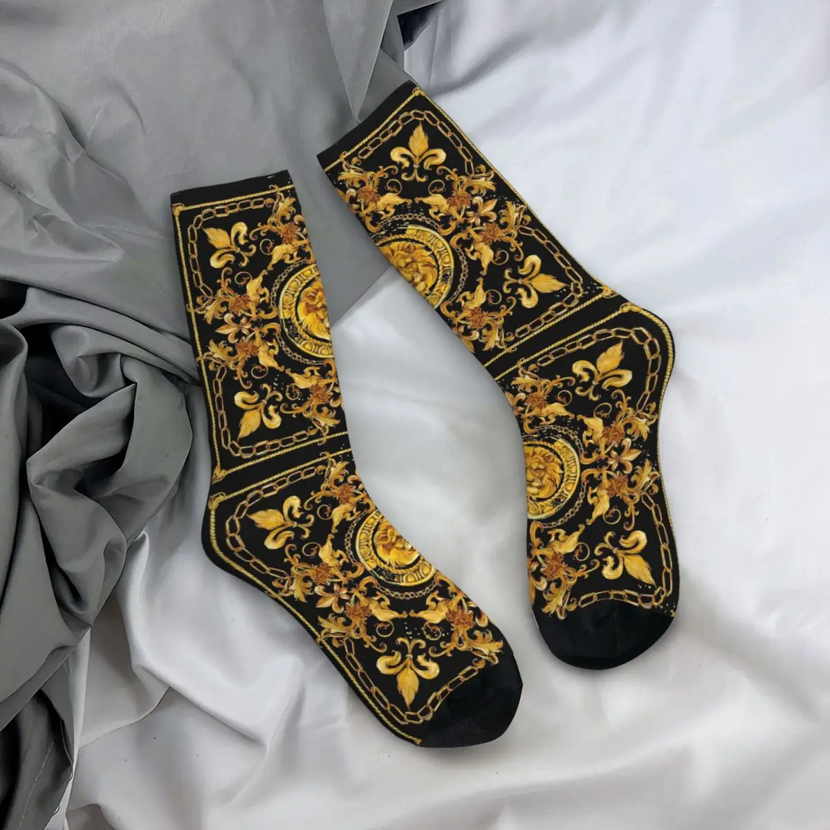 Golden Lion Luxury Design European Baroque Socks Men Women Funny Happy Socks Spring Summer Autumn Winter Middle Tube Stockings