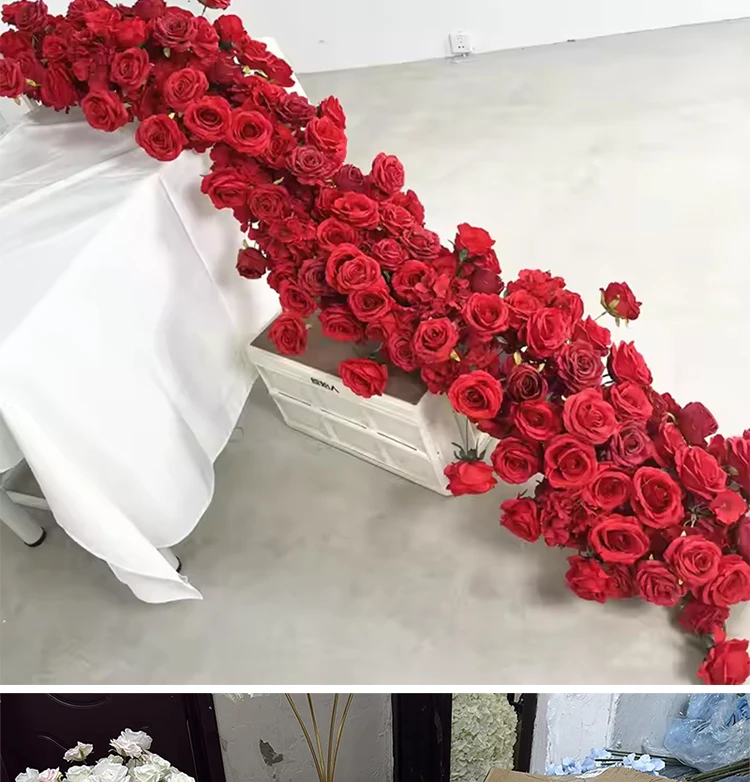 Künstlicher Rosen-Bodenläufer 5D Hochzeits-Hintergrund-Dekoration Event-Tisch-Mittelstücke Blumenreihe Arrangement Party-Dekor-Requisiten – Detail 9