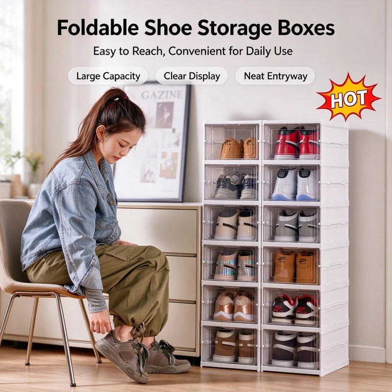 Foldable Multi Tier Shoe Rack Transparent Pull Out Dustproof Shoe Storage Organizer for Bedroom Closet Home Use