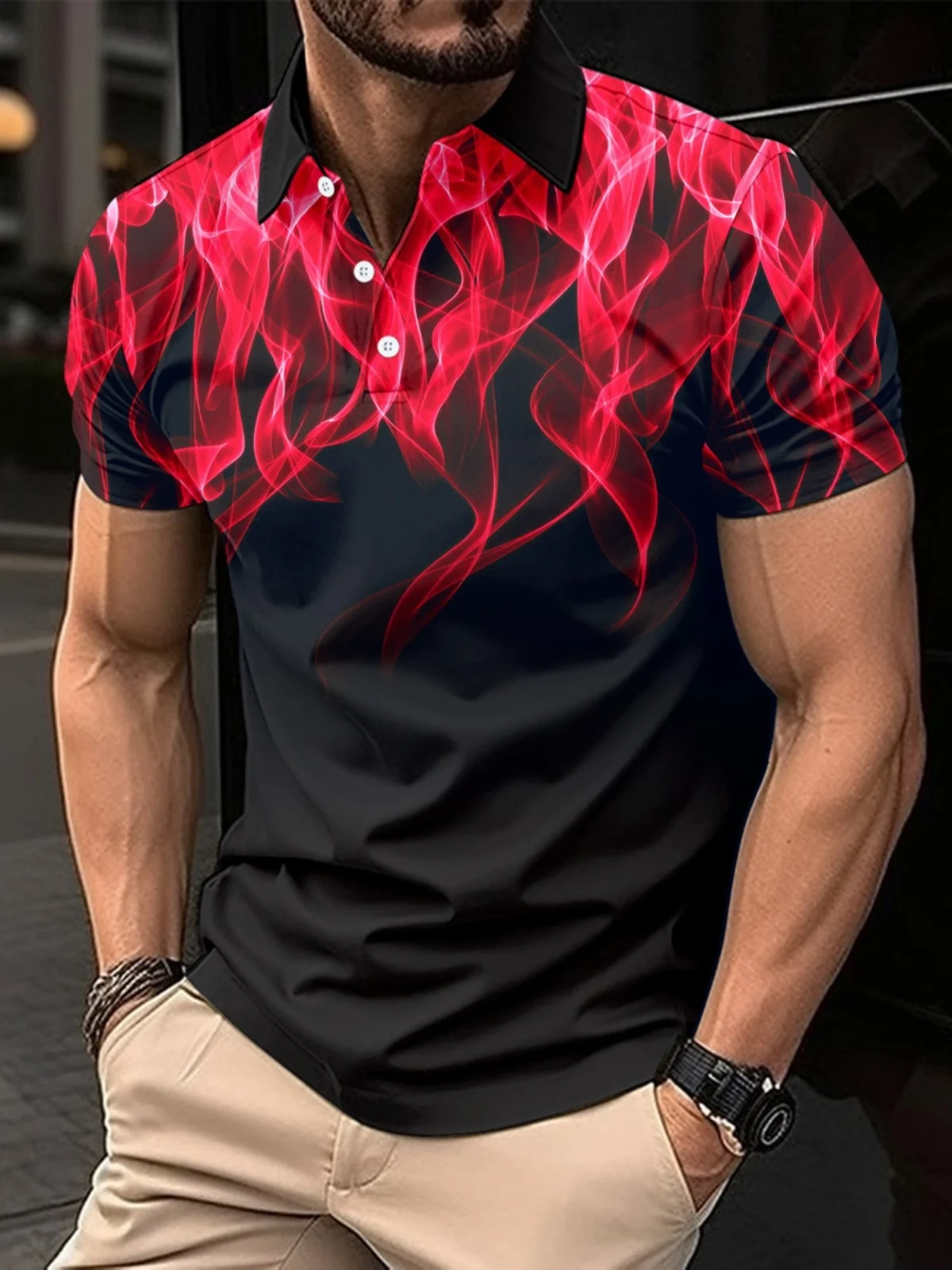 

Summer Casual Men's Printed Standing Collar irt Floral Polyester Fabric Breathable ort Sve T-irt Youth Faion