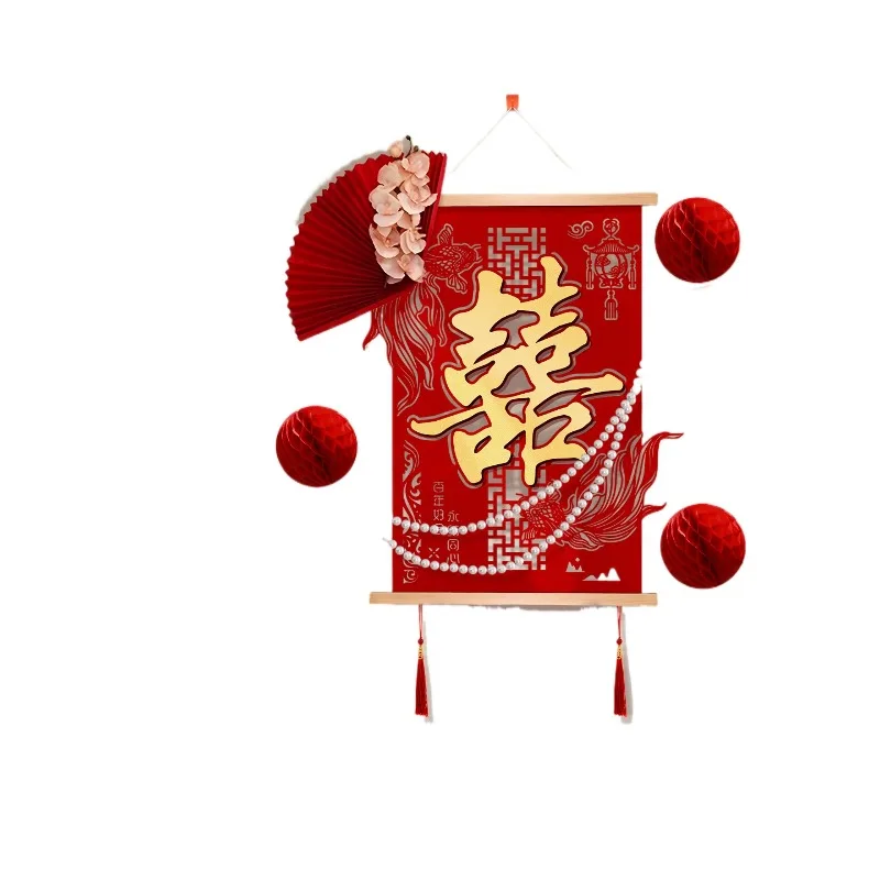 Wedding room arrangement, wedding decoration, happy character pendant, atmosphere, latte flower background wall Chinese style