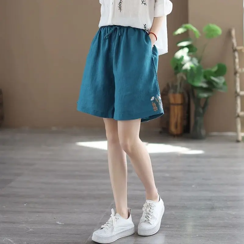 Women Summer Simplicity Loose Embroidered Cotton and Linen High Waist Wide Leg Women Clothes Casual All-match Appear Thin Shorts