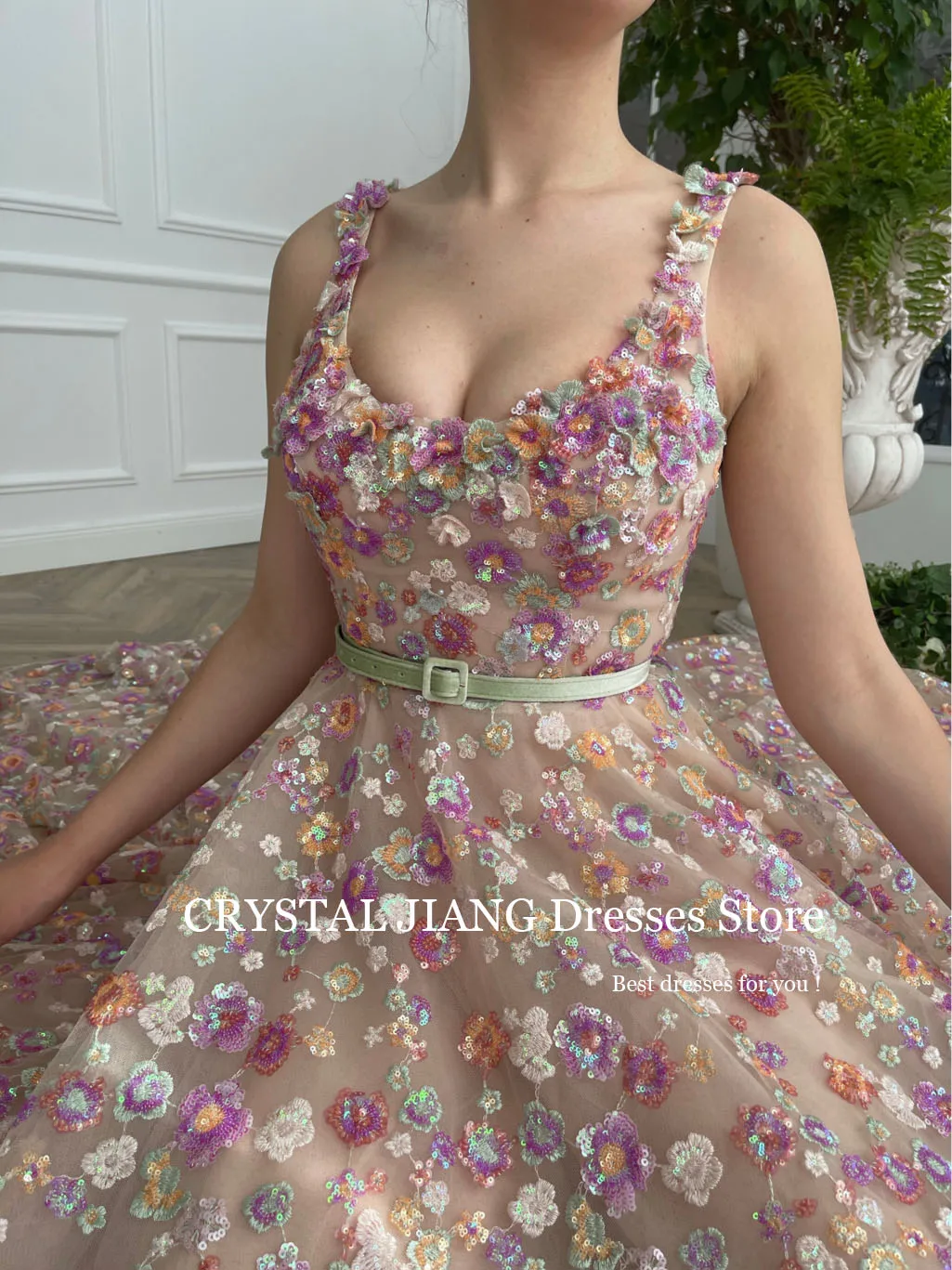 Long Prom Dresses Scoop Neck Sequins Tulle with Embroidered Flowers Sleeveless A Line Floor Length فساتين نسائيه سهره