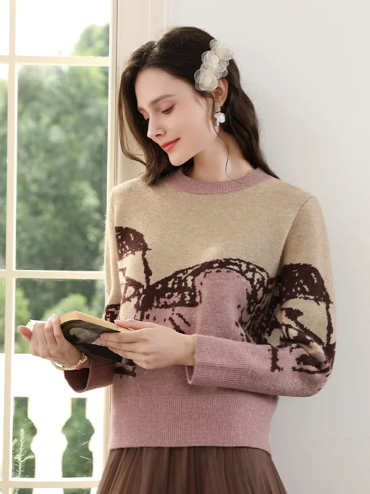 I BELIEVE YOU Contrasting Color Woven Flower O-Neck Sweater Autumn Winter Women's 2024 Fashion Soft Knitted Sweater 2244125753