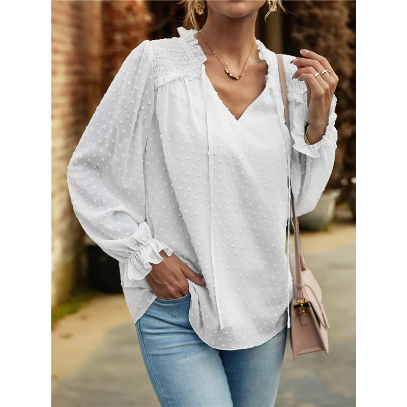 NEW-レディース カジュアル ブラウス スイス ドット サマー シャツ エレガント V ネック 長袖 ルーズ ドレッシー オフィス トップス