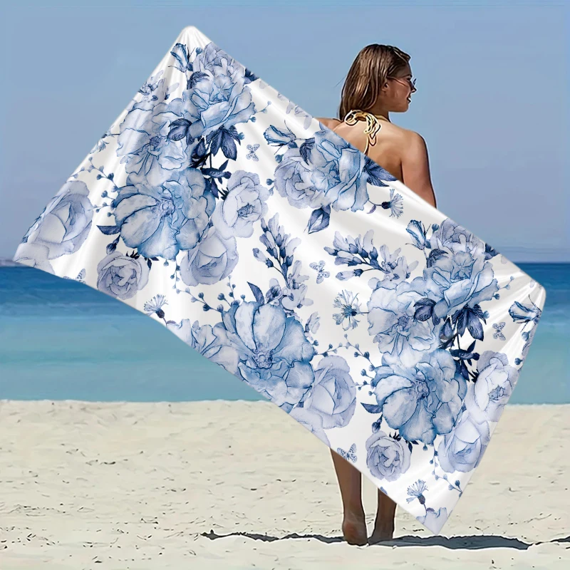 

Pretty Blue Flower Beach Towel Elastic Great for Beach PoolTravel Party Swimming QuickDry Fiber Lightweight Fabric Easy Fold