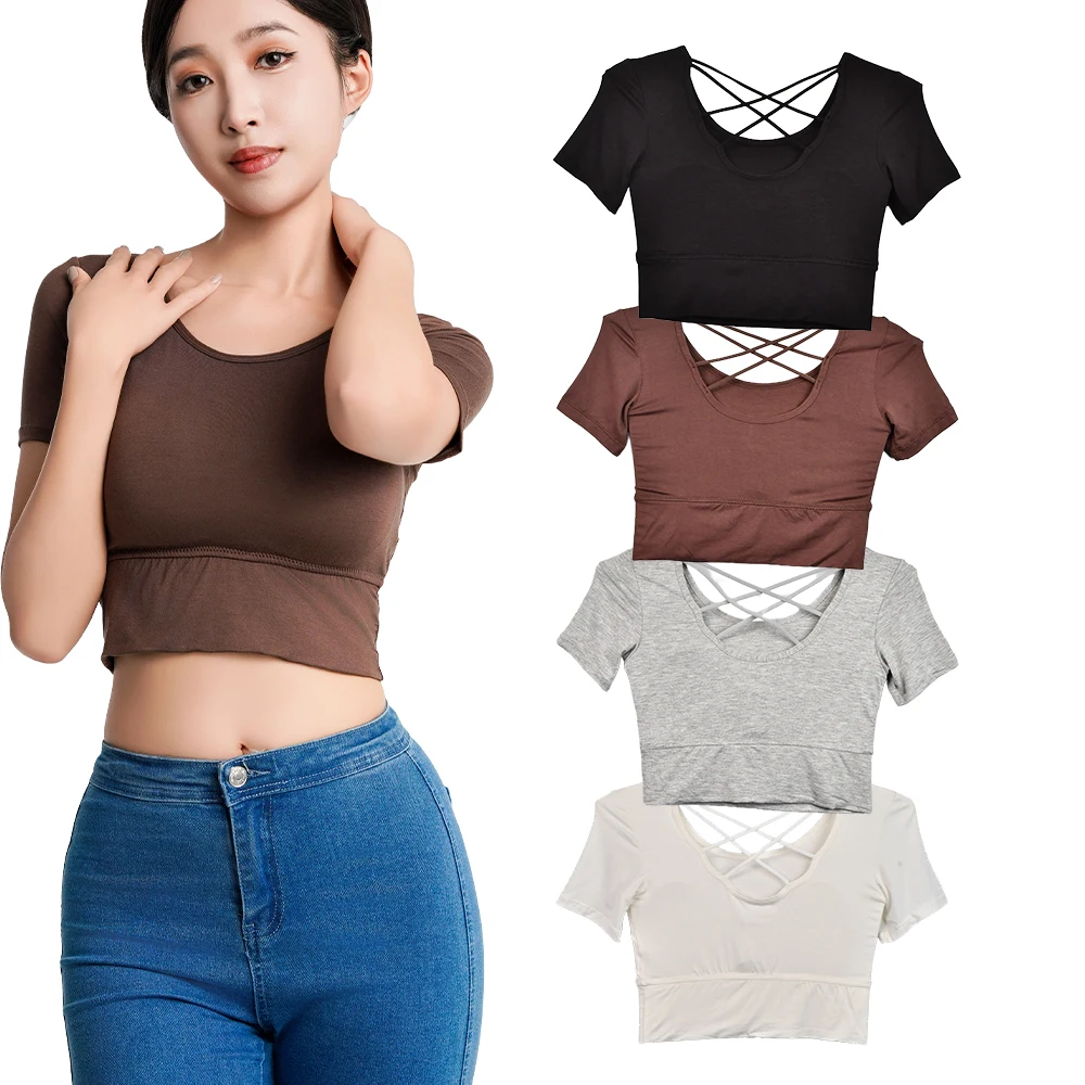 2pcs Women's Backless No Bra Crop Top Sexy Girls Short Sleeve Workout Shirt Gym Casual Daily Wear Athletic Fitness Top T Shirts