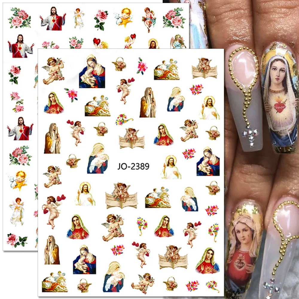 Bakire Mary Nail Art etiketler İsa San Judas tırnak çıkartmalar bebek melek kanatları tırnak çıkartmaları 3D Self-yapışkan çıkartmalar için çivi