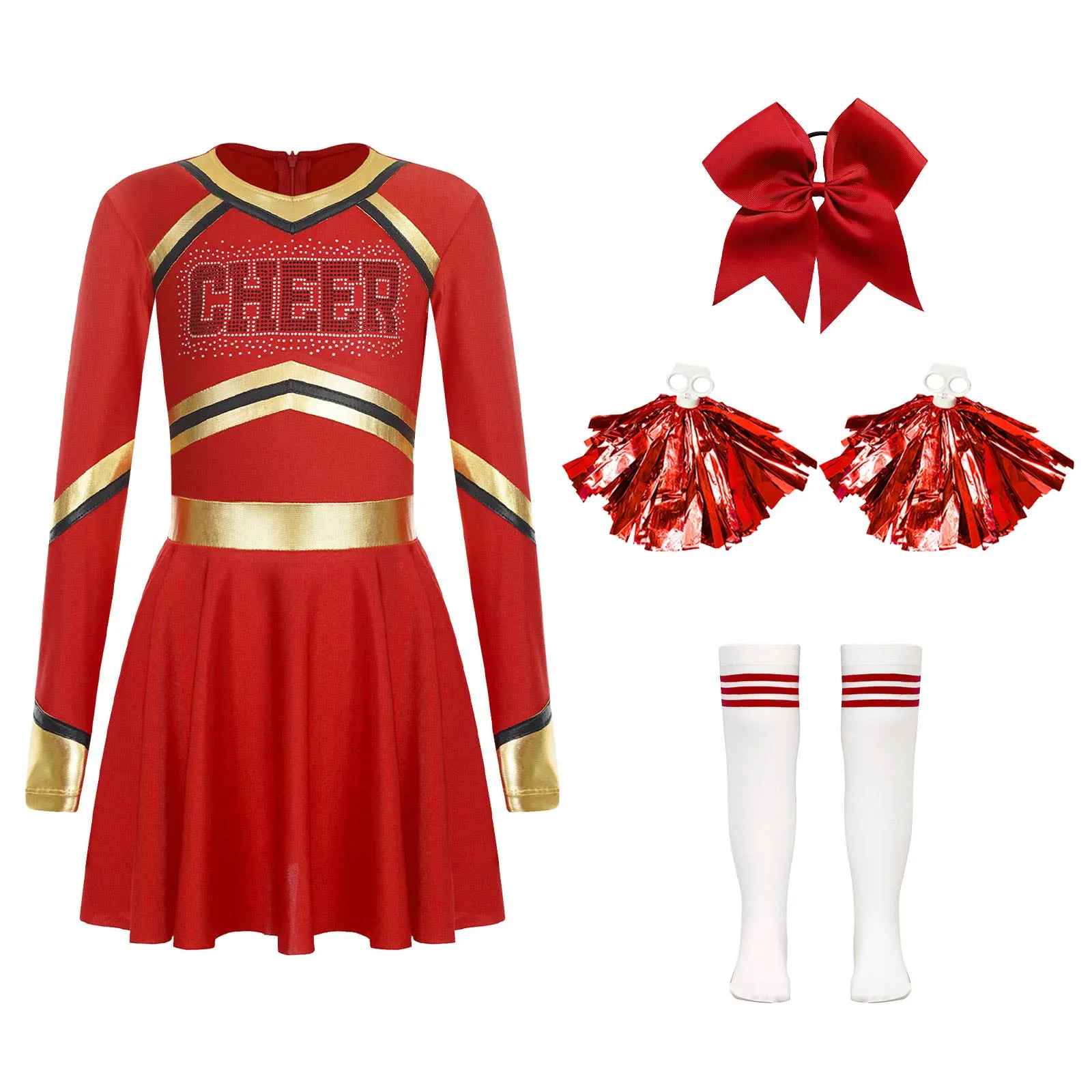 Kids Girls Cheerleader Outfit Long Sleeve Cheering Uniform Halloween Cosplay High School Cheer Leader Performance Clothes