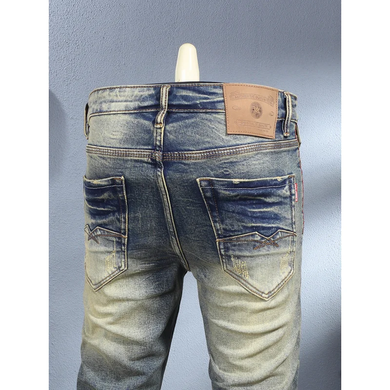 Trendy retro vintage simple and versatile small straight leg jeans men with scratch and elastic small leg pants