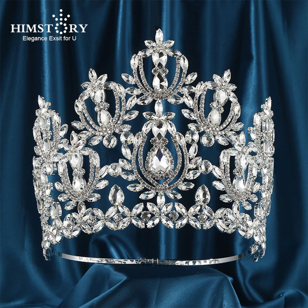 HIMSTORY European Big Miss Universe Bridal Crowns Rhinestones Large Round Tiaras Queen Wedding Party Stage Show Hair Accessories