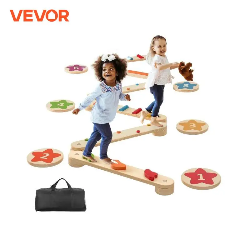 VEVOR Balance Beam Stepping Stones, 6 piezas de tablas de equilibrio de madera para niños pequeños, juguete Montessori para niños de 2 a 6 años, desarrolla la coordinación y las habilidades motoras gruesas, carrera de