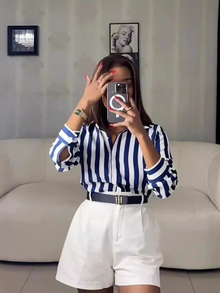 

Women's Casual Striped Shirt Button up Top Long Sleeve Summer Fashion Basic Style Comfortable Fit Ladies' Shirt