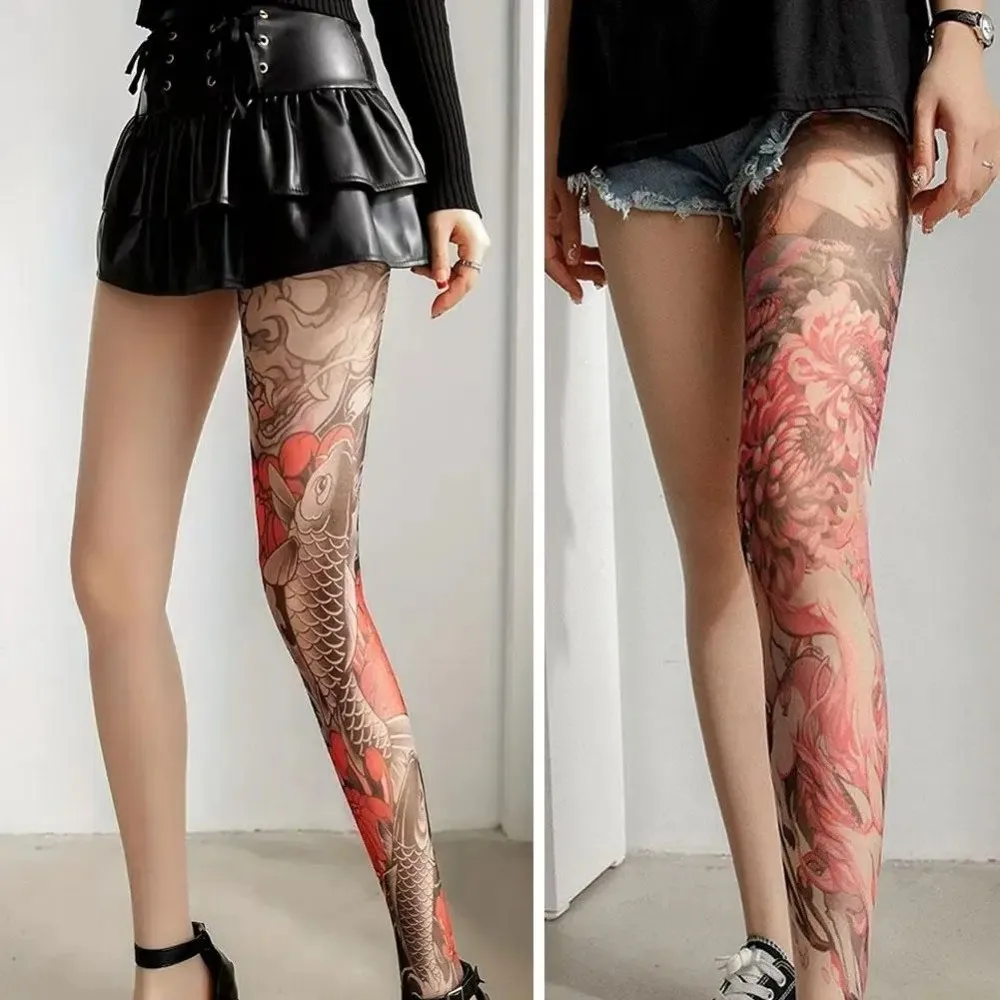 Novo tatuagem falsa feminina sexy impresso collants perspectiva malha peônia meia-calça leggings alta meia-calça verão