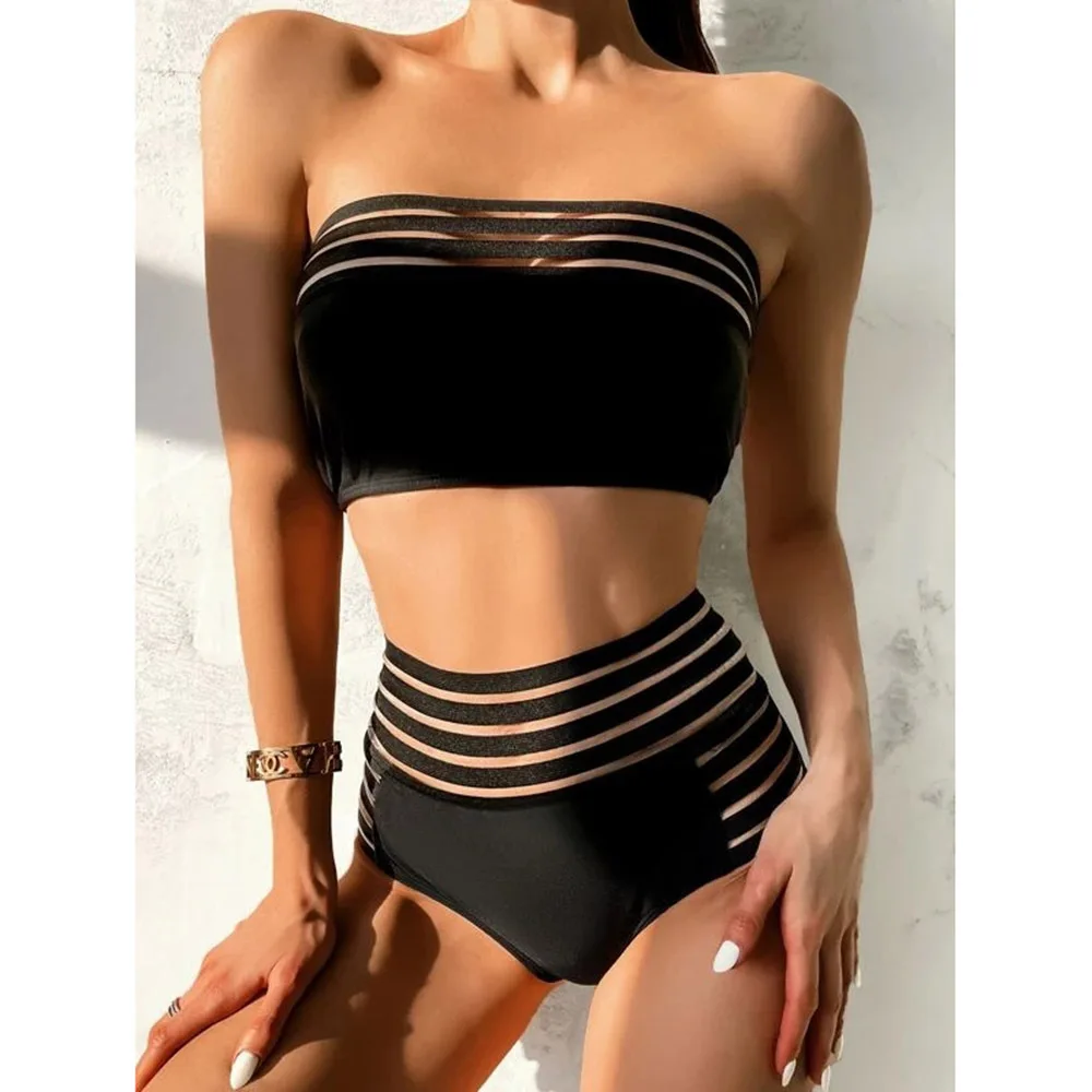 2024 New Split Bandeau Mesh Solid Color Swimsuit Strap Sexy High Waist Bikini Europe and America Sexy