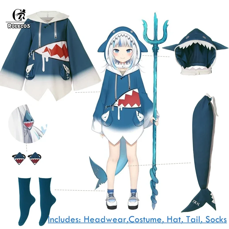 ROLECOS Hololive Gawr Gura Cosplay Costume ENG Shark Costume for Women Halloween Youtuber Cosplay Full Set Tail