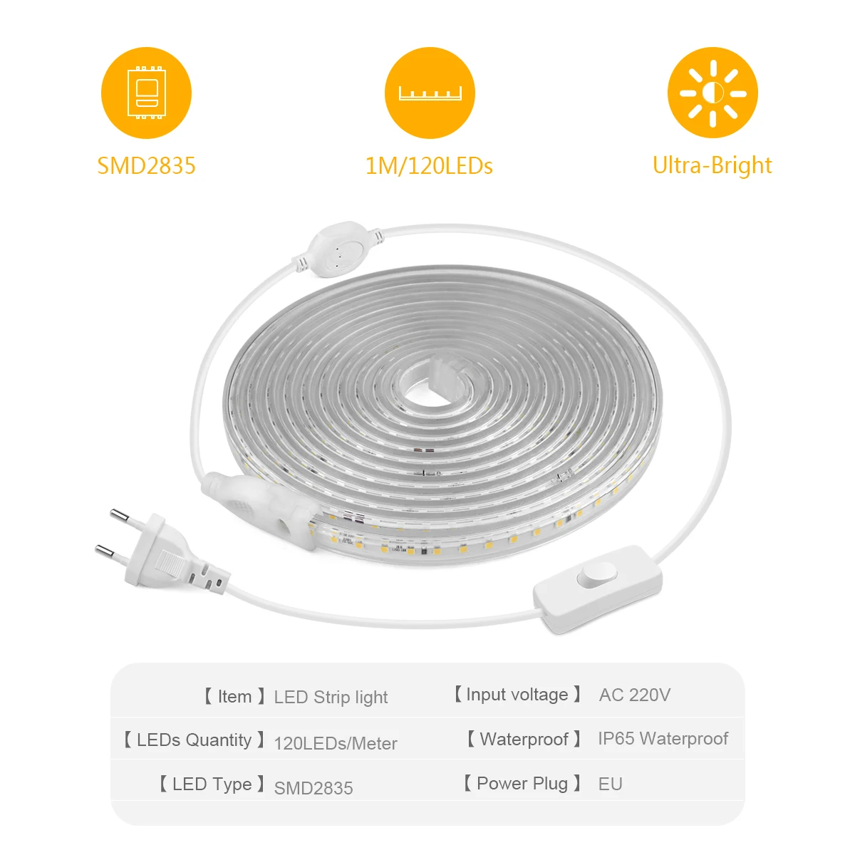 1M-20Metres LED Strip AC220V with EU Plug /110V With USA Plug 2835 120 leds/m Waterproof Strips 2700K 3500K 6000K Kitchen Lamp