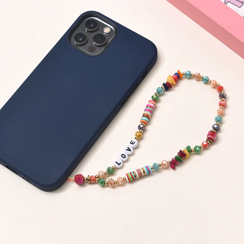 Fashion Women Clay Stone Beads Acrylic Mobile Phone Chain For Cellphone Strap Lanyard Hanging Cord Keychain Jewelry Accessories