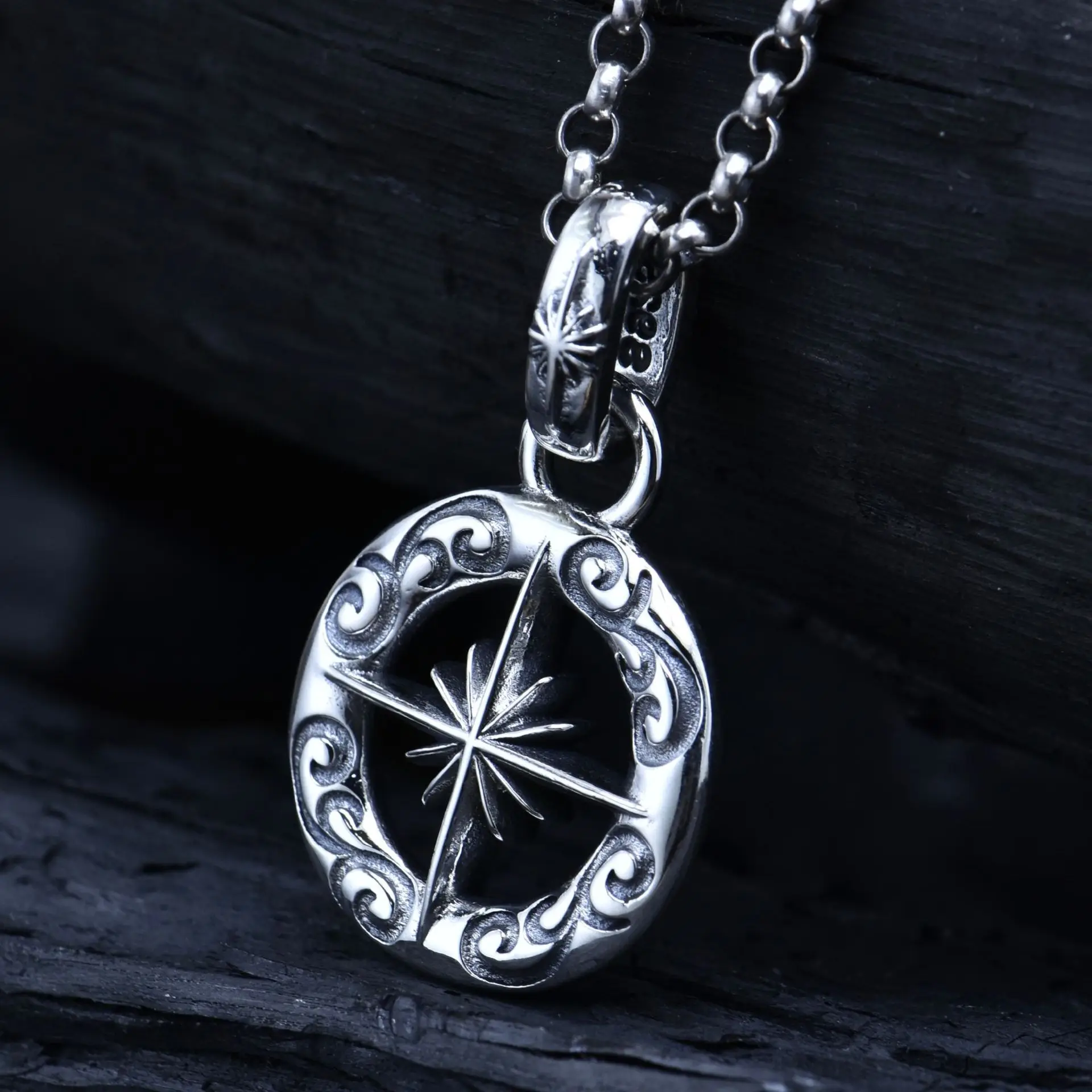 Silver navigation asterism compass necklace men's vintage punk style compass pendant North Star boat anchor men