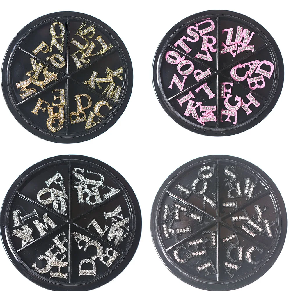 26 Letters In Wheels A-Z Nail Accessories Charms Gold/Pink/Black/Rose Metal Jewels Alphabet 3D Nail Art Decorations Supplies NEW