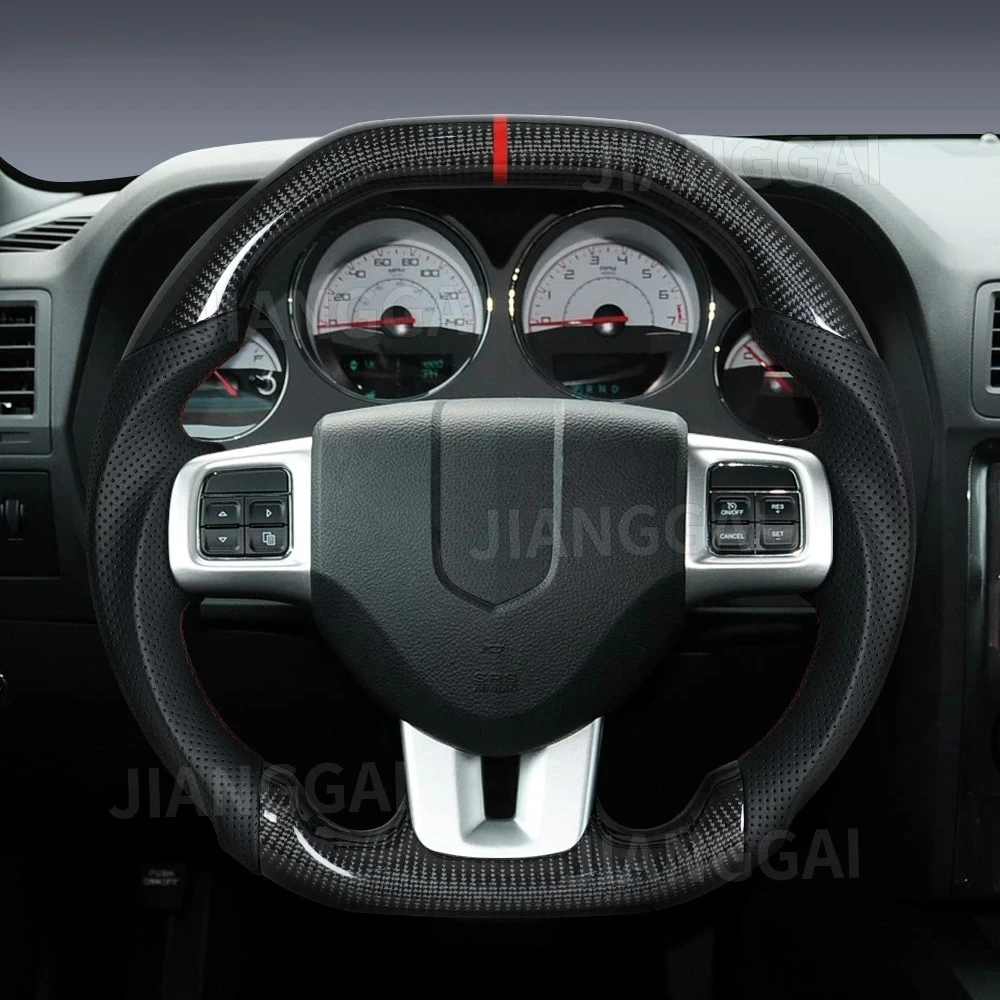 

Руль из настоящего карбона с плоским верхом и нижней частью, с красной строчкой, подходит для Dodge Challenger 2012-2014, кастомный руль.