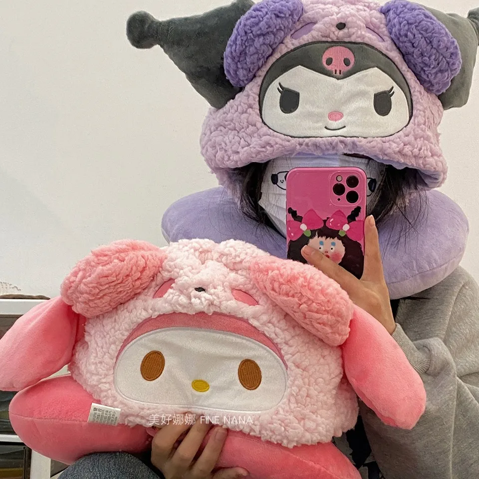 Sanrio Kuromi Hooded U-shaped Neck Pillow Hello Kitty My Melody Travel Nap Neck Pillow Travel Portable Airplane Pillow Girl Gift