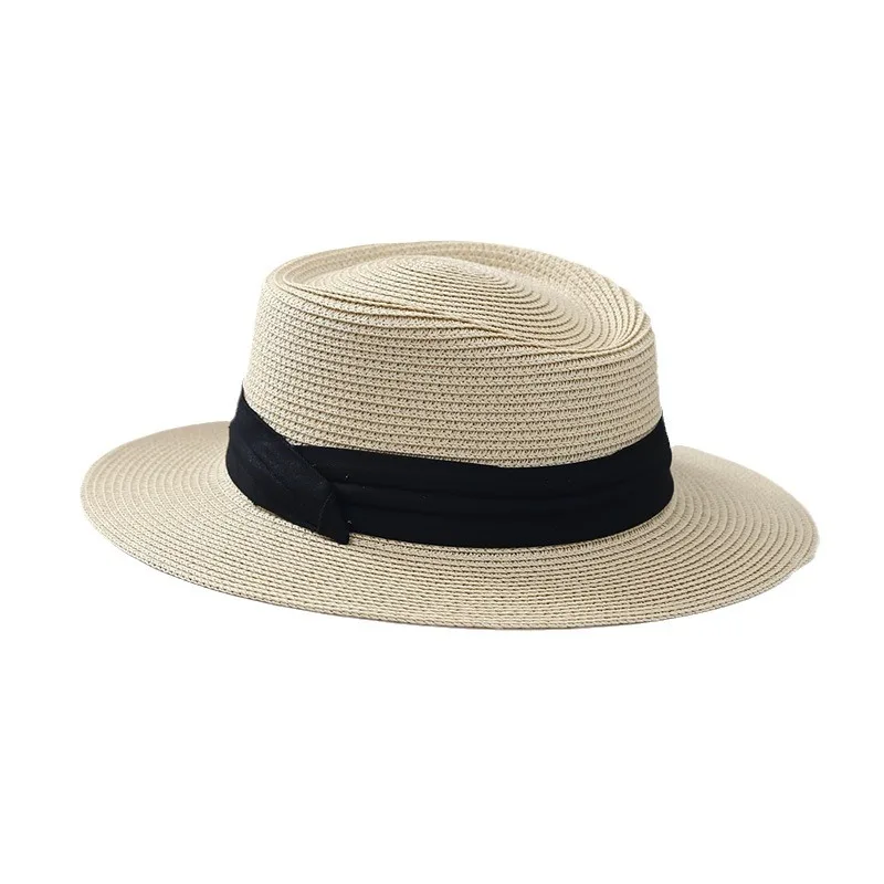 Spring and Summer Beach Flat Top Hat Women\'s Straw Knitted French Top Hat Wide brimmed Jazz British Sun Hat