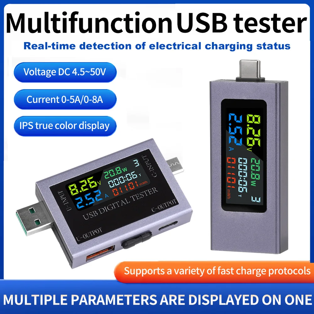 

USB Type-C Tester Multi-function Digital Display Voltage Ammeter Impedance Power Meter Cell Phone Charging Tester DC4.5~50V 0-8A