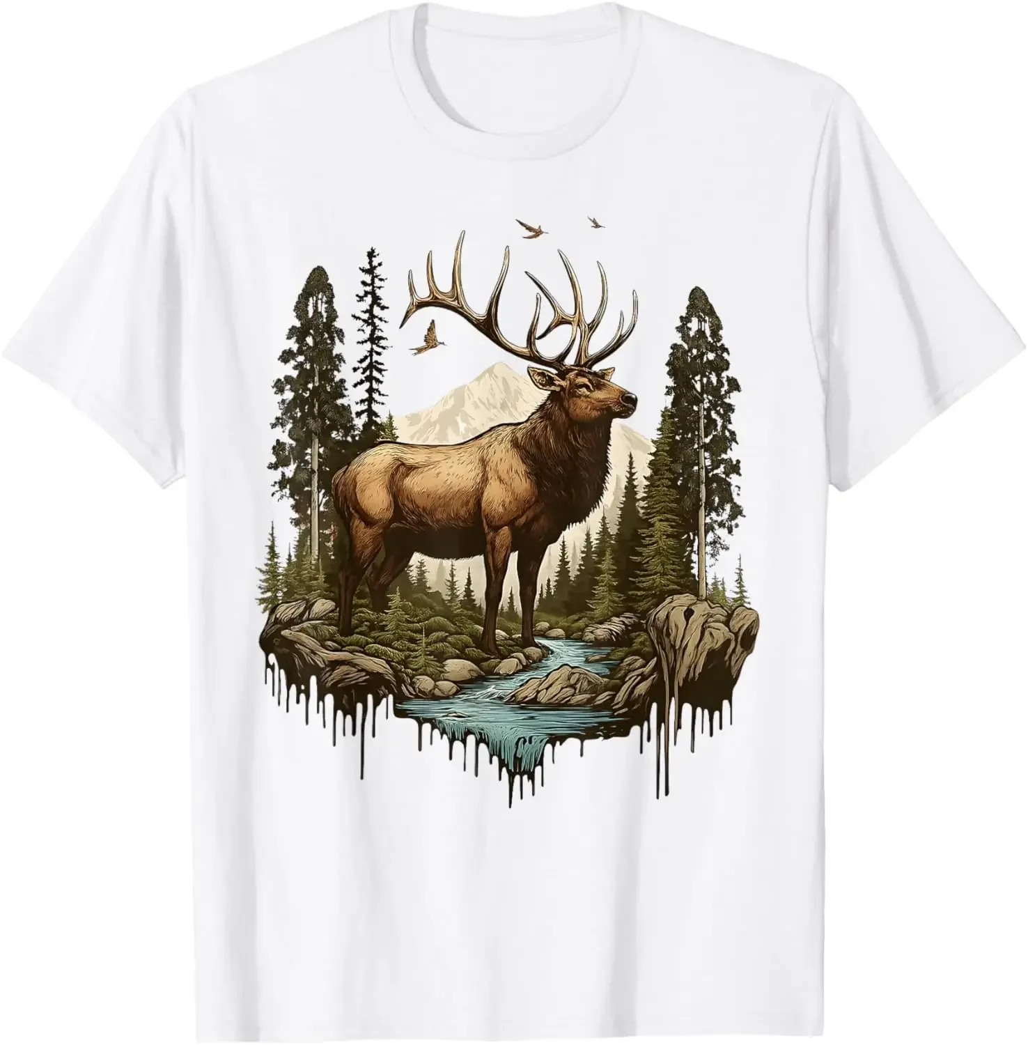 

Majestic Elk Forest Stream Graphic T-Shirt Breathable Cotton Outdoor Hiking T-shirt