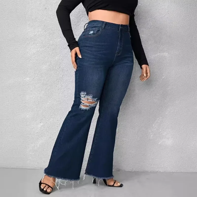 Large Women's Zipper Jeans in Dark Blue with Holes and Thick Edges, Comfortable, Casual, Fashionable and Spacious Women's Jeans