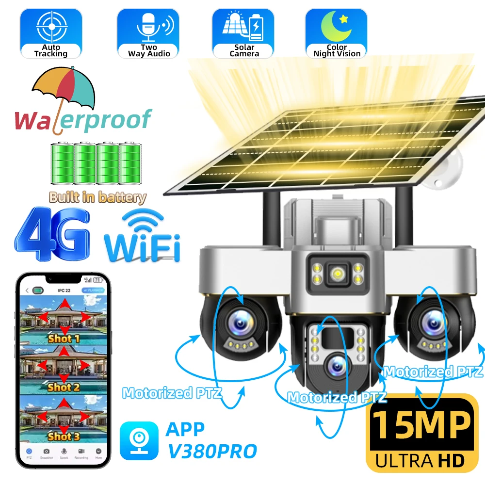 

15MP Three PTZ Lens 4G Solar Camera HD Outdoor Waterproof CCTV Color Night Vision Motion Tracking V380 PRO Surveillance