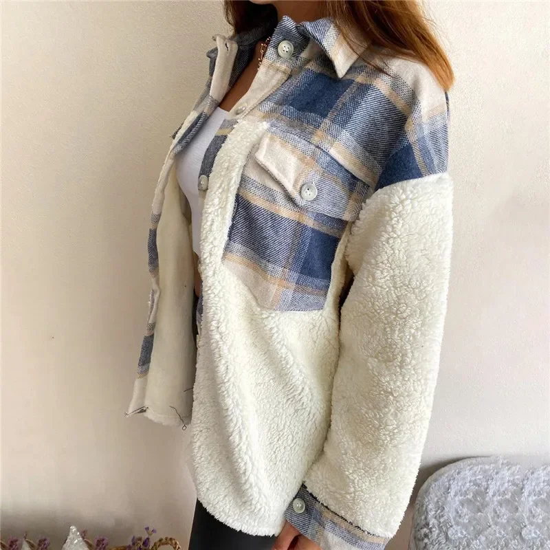 4 Colors Autumn/winter Plaid Blouse Women Single Breasted Print Long Sleeve Warm Casual Coat Jacket with Neck Stitching Pocket