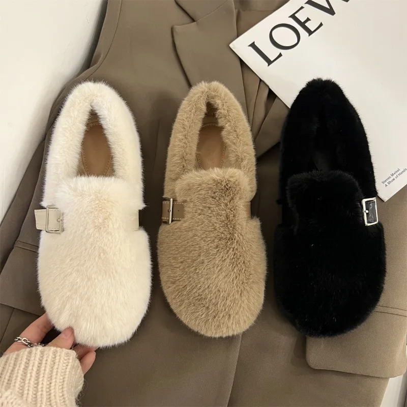 Fur Flats Women Loafers Shoes Winter Short Plush Warm Cotton Shoes 2024 New Trend Designer Walking Shoes Casual Femme Zapatos