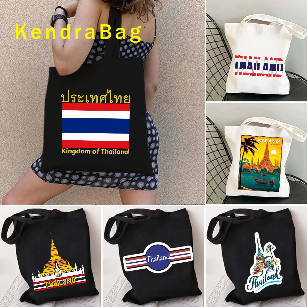 

Vintage Travel BANGKOK PHUKET THAILAND Flag Wat Arun Temple of Dawn Canvas Shoulder Tote Bag Harajuku Shopper Eco Cotton Handbag