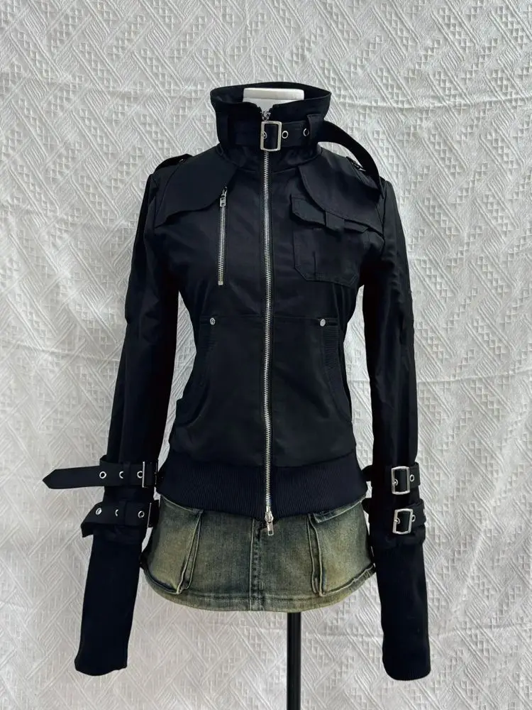 

Retro Gothic Style Jackets for Women Japanese Cool Black Stand Up Collar Motorcycle Jackets 2025 Autumn New Harajuku Clothes Y2K