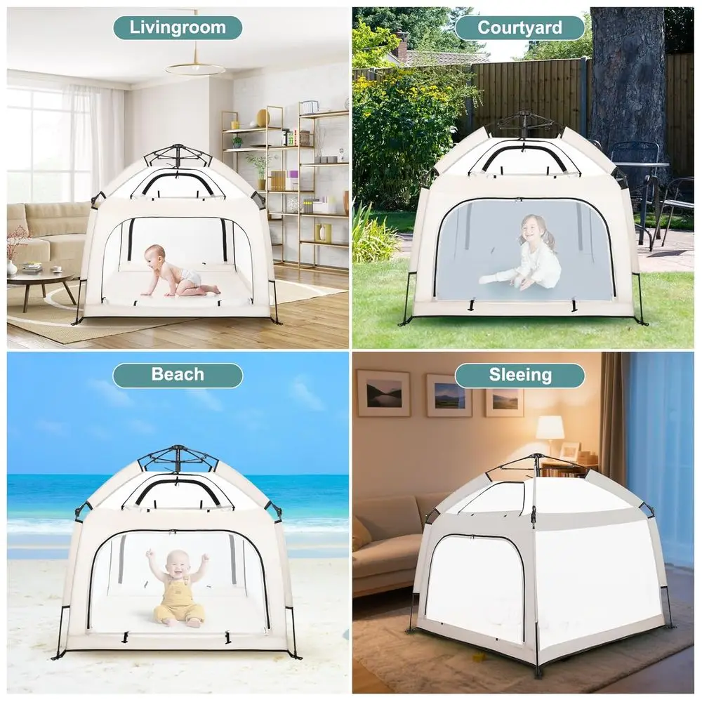 Box portatile per bambini con baldacchino, tenda da spiaggia per esterni, zanzariera per interni ed esterni (beige)