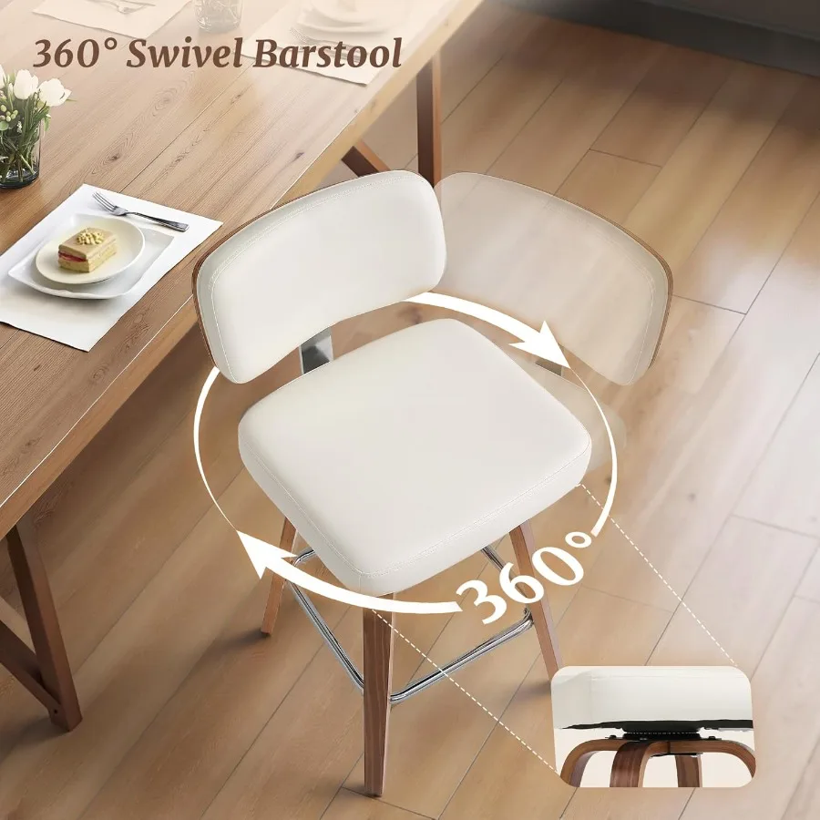 طقم كراسي بارتفاع دوار مكون من 2 26 مقعد منجد للبار مع أرجل خشب الجوز الخلفي من جلد البولي يوريثان في منتصف القرن St #5