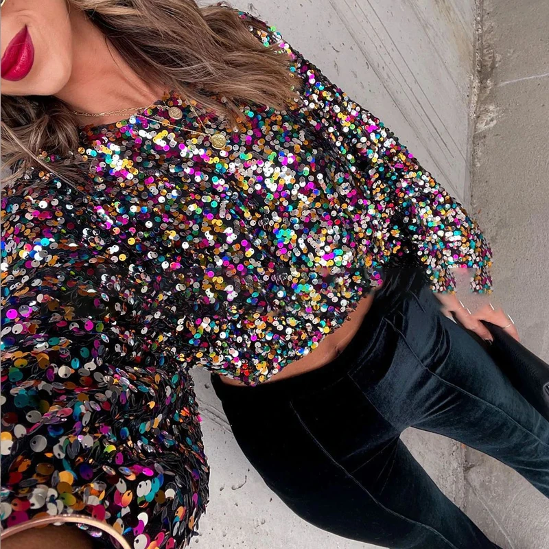 Casual Streetwear Lantern Sleeve Sexy Crop Tops Elegant Lady T-Shirts O-Neck Blusa Women Fashion Party Glitter Sequin Tees Shirt