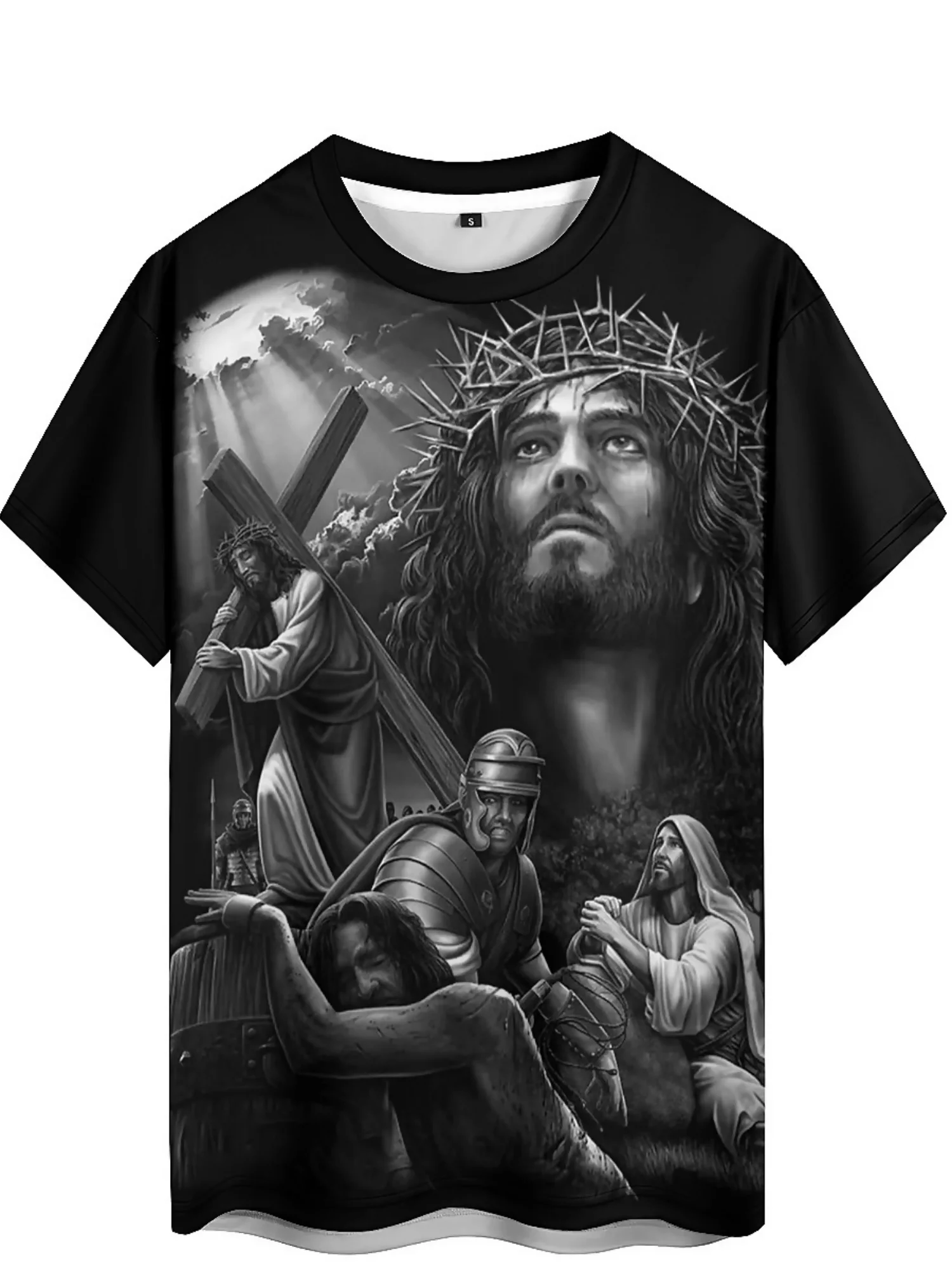 تي شيرت رجالي بأكمام قصيرة مطبوع عليه Jesus 3D مقاس كبير - تي شيرت مريح برقبة دائرية من البوليستر الناعم مع تصميم متقاطع وشخصيات
