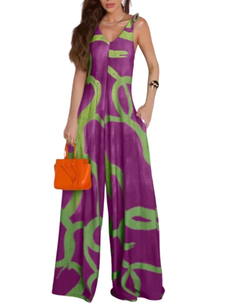 

V-Ne Wide Leg Jumpsuit with Belt ket Detail Floral Print Polyester Fiber mid Waist Seven/Nine Points Long Svel Dr
