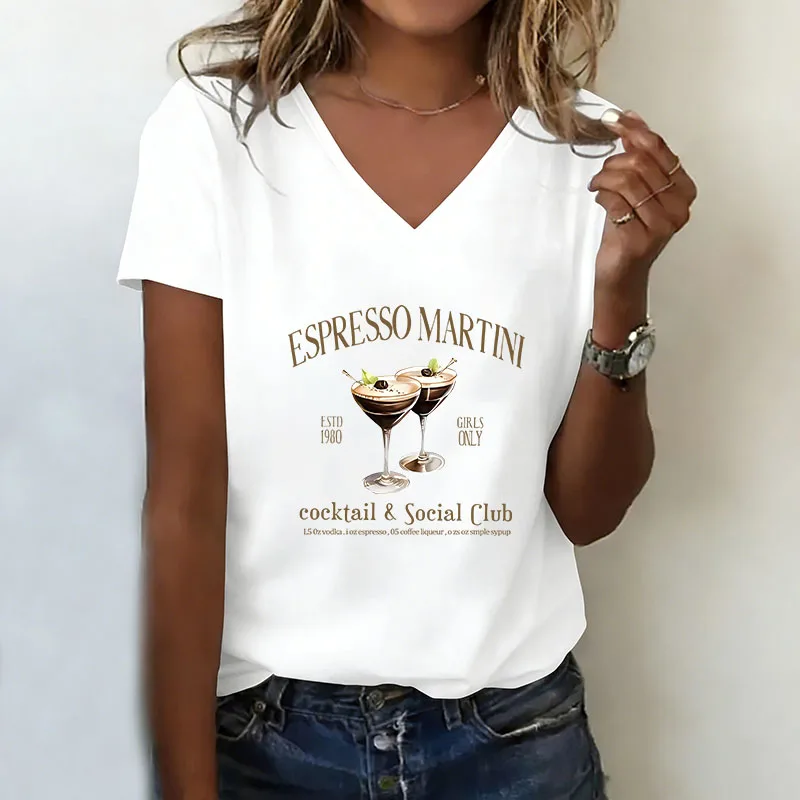 Retro Cocktail Drinking T-shirt V Neck Casual Fashion T Shirts Women Short Sleeve Tee Shirt V-Neck Summer Spring